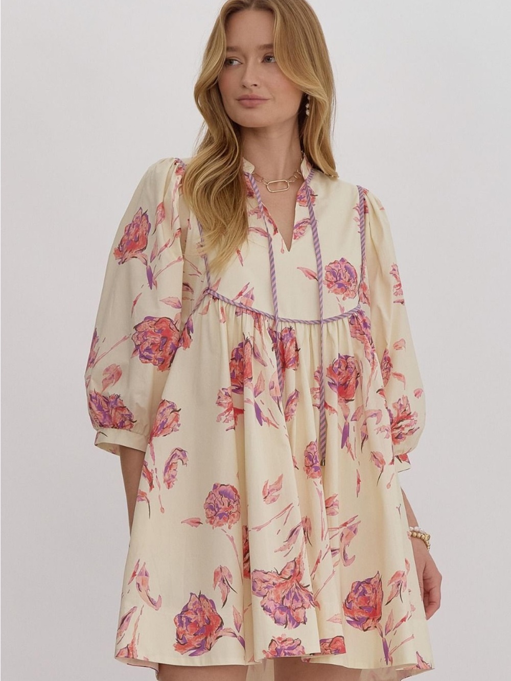 entro Cream Mini Dress with Pink and Purple Floral Print